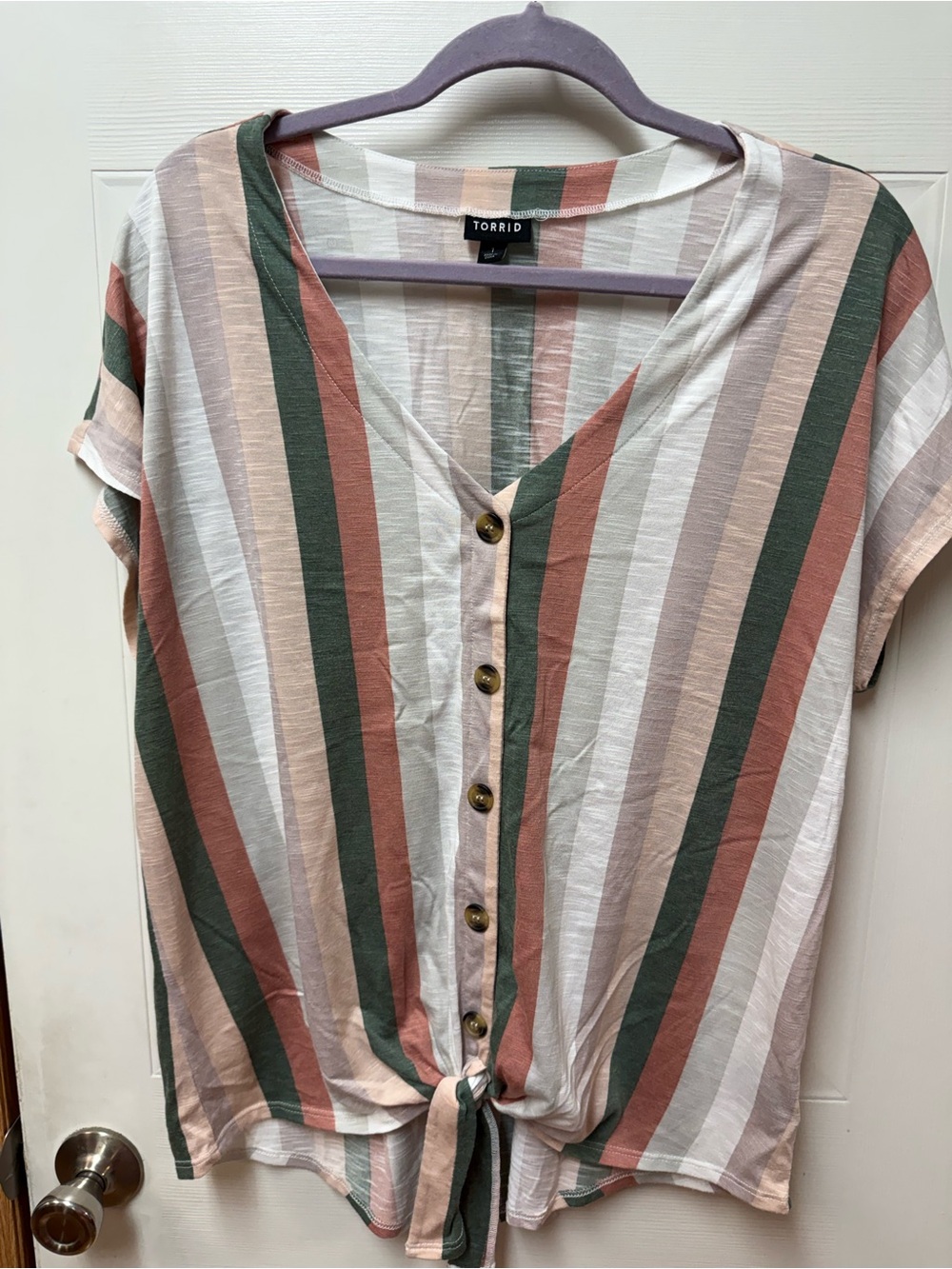 Torrid Multi Stripe Slub Jersey Tie Front Button Down Blouse